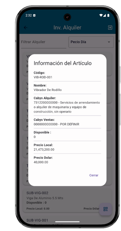 Ficha de un artículo de inventario en la app Sabio con código VIB-ROD-001, CABYS de alquiler, disponibilidad, precio local y precio en dólares.