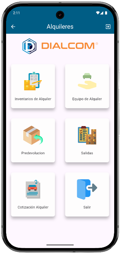 Submenú de Alquileres en la app Sabio: Inventarios de Alquiler, Equipo de Alquiler, Predevolución, Salidas y Cotización Alquiler.