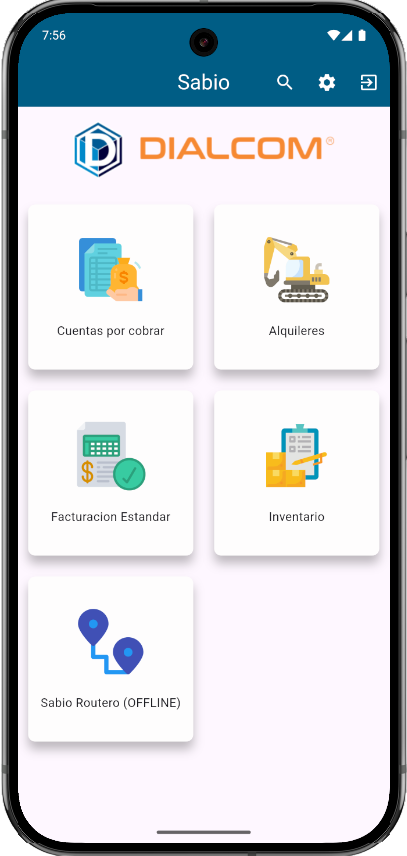 Menú principal de la app Sabio: Cuentas por cobrar, Alquileres, Facturación Estándar, Inventario y Sabio Routero (offline).